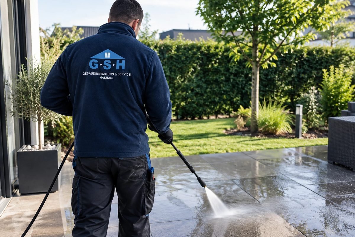 Mitarbeiter in GSH-Jacke reinigt eine Terrasse mit dem Hochdruckreiniger